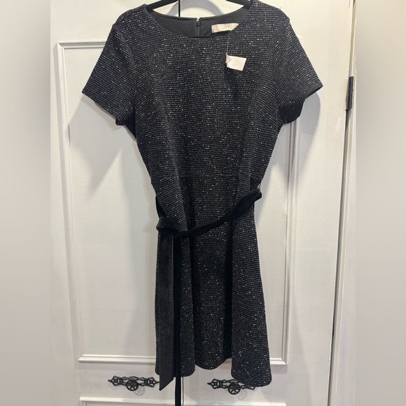 Loft tweed material black dress with velour belt. Size 14. - Picture 1 of 4
